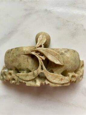Chinese carved soapstone brush washer or double inkwell, peach floral motifs.